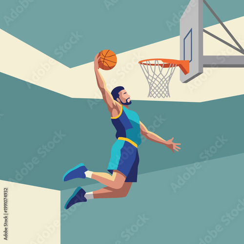 An energetic depiction of a male athlete executing a slam dunk during a basketball game, capturing the spirit of sportsmanship, athleticism, and the thrill of competition.