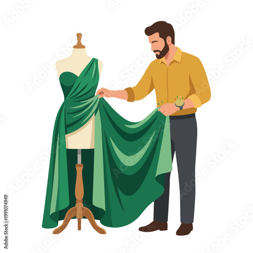 A tailor skillfully drapes fabric on a dress form, crafting a stylish green gown while highlighting the art of fashion design and bespoke tailoring in creative processes.
