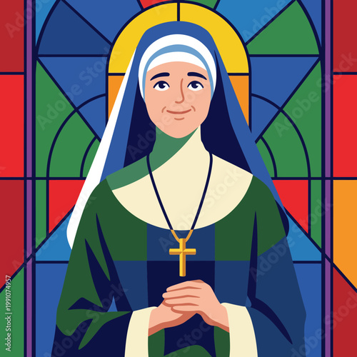 A depiction of a serene nun wearing a traditional habit, set against a vibrant stained glass backdrop, symbolizing faith, peace, and devotion in a colorful artistic style.