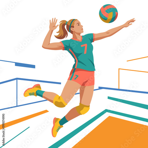 An illustration of a female volleyball player leaping to serve the ball, showcasing athleticism, energy, and skill in a vibrant, colorful artistic style.