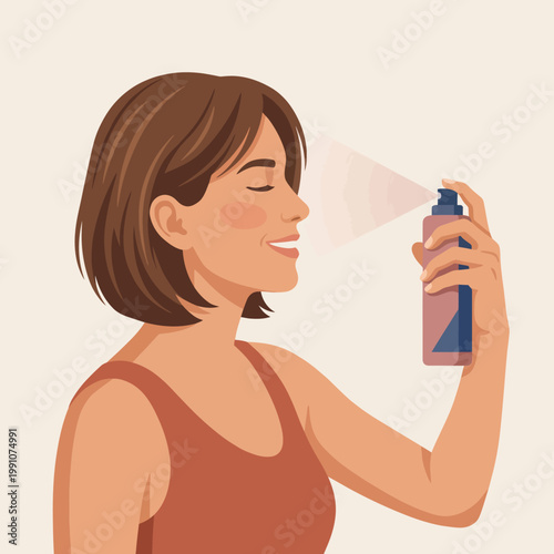 A woman joyfully applies a facial mist, promoting self-care and skincare, with a bright and refreshing aesthetic that embodies beauty and wellness for radiant skin.