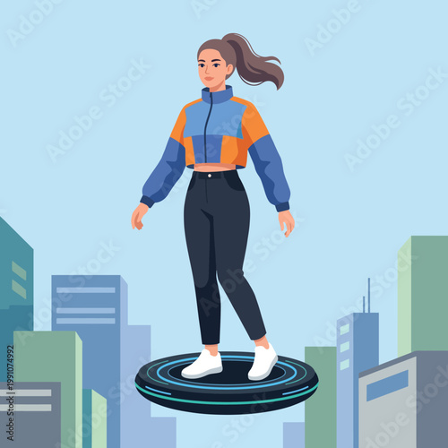 A stylish woman rides a hoverboard in a futuristic urban setting, showcasing innovation and modernity, representing the blend of technology and fashion in contemporary life.