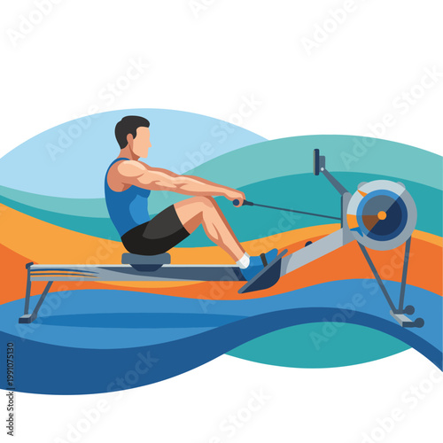 A dedicated man engages in fitness rowing, showcasing his athletic commitment and dynamic movement against a backdrop of colorful waves, embodying health and vitality.