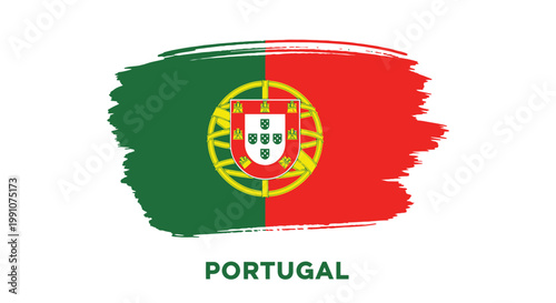 The Portuguese flag is illustrated with bold green and red brushstrokes and a central emblem displayed prominently on a plain white background.