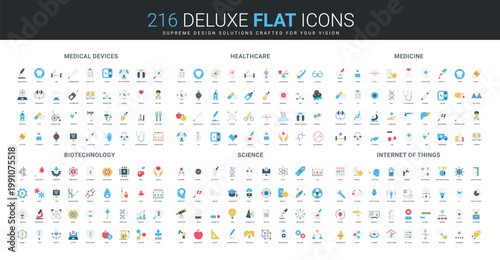 Flat icon collection covering medical devices, healthcare, medicine, biotechnology, science, and internet of things concepts, ideal for modern digital health projects isolated vector illustration