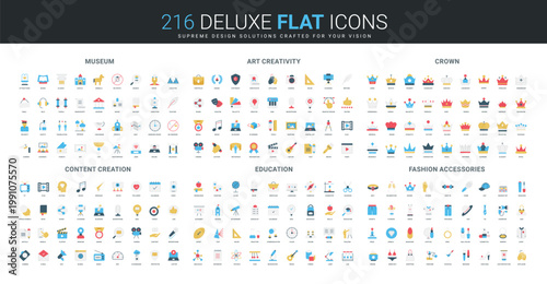 Comprehensive flat icon set featuring museum, art, crown, content creation, education, and fashion accessory themes, ideal for diverse creative and educational projects isolated vector illustration