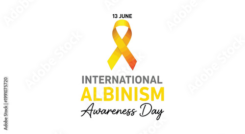An albinism awareness ribbon icon sits centered above bold black and yellow text celebrating the annual international observance day in June.