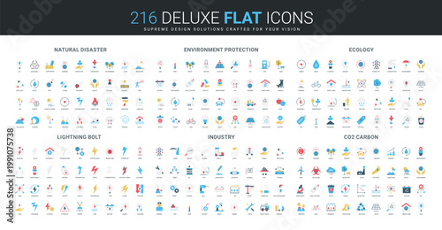 Comprehensive flat icon collection covers natural disasters, environment protection, ecology, lightning, industry, and CO2 carbon themes for environmental awareness isolated vector illustration