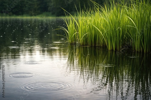 Calm lake with vibrant gree...