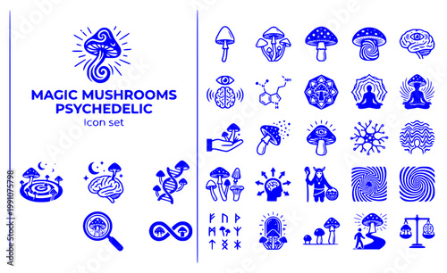 Magic Mushrooms Psychedelic Icon Set Hallucinogenic Fungi Psilocybin Psychoactive Mushroom Varieties Consciousness Exploration Natural Hallucinogen Vector Illustration