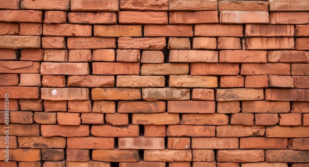 Fototapeta premium Orderly arranged solid clay bricks stack for building site use