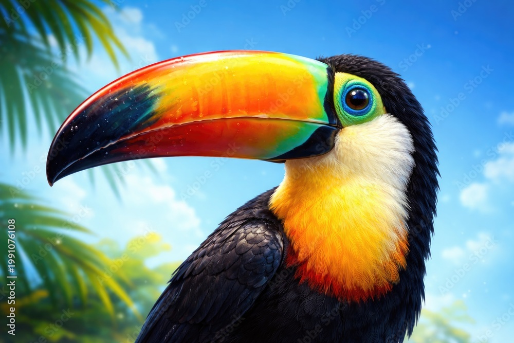 Naklejka premium Brightly colored toucan illustration featuring a large beak on a smooth blue backdrop