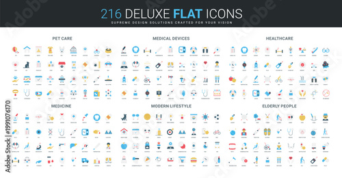 Comprehensive flat icon collection covering pet care, medical devices, healthcare, medicine, modern lifestyle, elderly people, each block with unique symbols isolated vector illustration