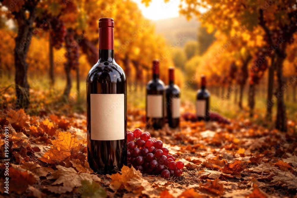 Fototapeta premium A warm autumn scene featuring a red wine bottle on fallen leaves with a softly blurred vineyard background and multiple wine bottles nearby