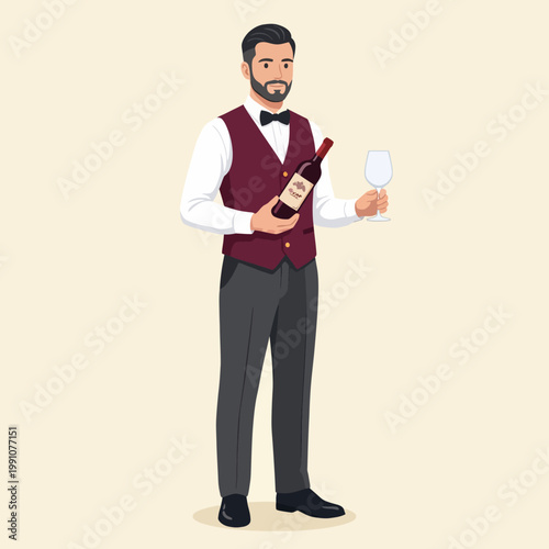 A sophisticated bartender holding a wine bottle and glass, embodying luxury and hospitality in a well-dressed serving outfit while showcasing fine beverages.