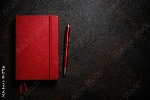 A red notebook and pen on a...