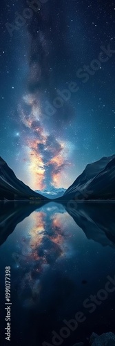 Enchanting cosmic view of a galaxy mirrored in a still mountain lake under a star-dusted night sky,  enchanted, galaxy