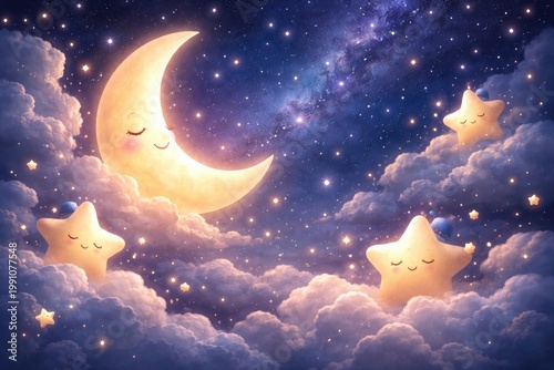 Dreamy Night Sky With Glowing Moon And Sleeping Stars