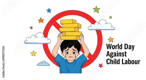 A child labor victim carries heavy blocks in a cartoon-style illustration representing the official world day against this human injustice.