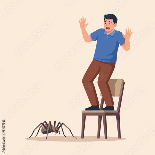 A humorous depiction of a man on a chair, showcasing a comical reaction to a large spider on the floor, emphasizing common fears and the element of surprise in everyday life.