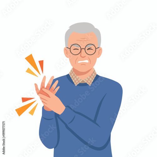 An elderly man grimacing as he holds his wrist, effectively portraying the struggles of aging while emphasizing the importance of health and well-being in daily life.