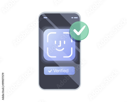 Smartphone displaying face scan interface for identity verification vector illustration. Biometric facial recognition