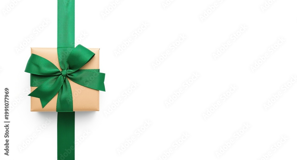 Fototapeta premium White background emphasizing a gift box decorated with a wide green ribbon and bow