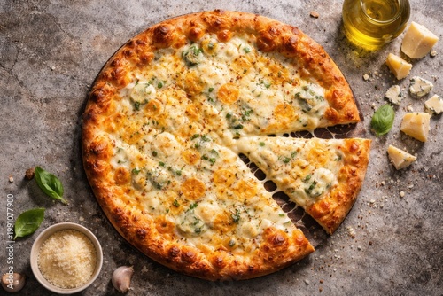 Hot cheesy four cheese pizz...