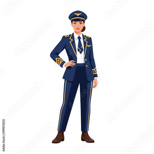 A confident female pilot stands tall in her airline uniform, exemplifying professionalism and authority within the aviation industry, embodying a modern approach to flying.