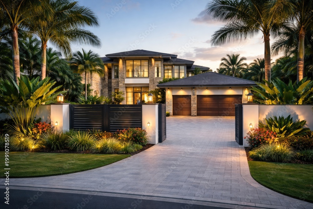 Fototapeta premium Stylish residence with a gated wall driveway leading to garage and tropical landscaping
