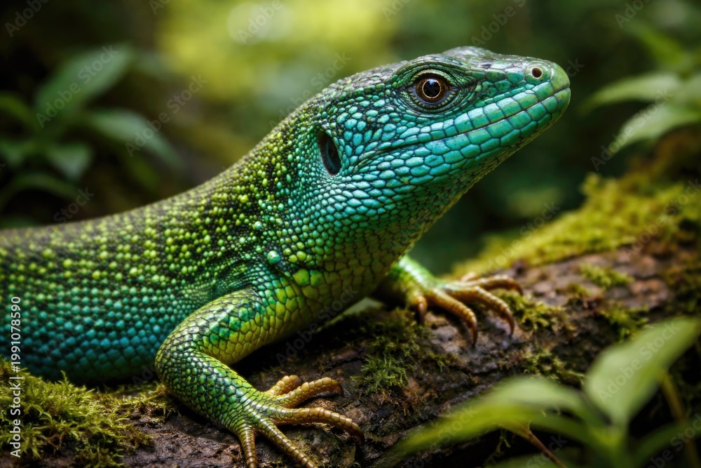 Fototapeta premium detailed close-up of a bright turquoise and emerald lizard in natural habitat
