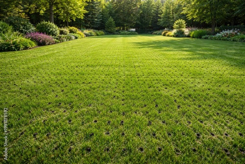 Full length view of aerated grass lawn showing a healthy landscape following pest control with copy space