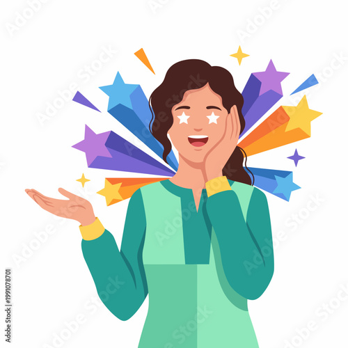 A woman expresses amazement with starry eyes, surrounded by colorful bursts of stars and rays, visualizing a creative explosion of excitement and inspiration in a vibrant atmosphere.