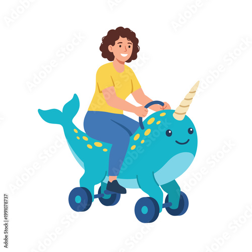 A joyful child rides a playful narwhal toy, exemplifying the innocence of childhood, playful imagination, and whimsical exploration in a bright, fun atmosphere.