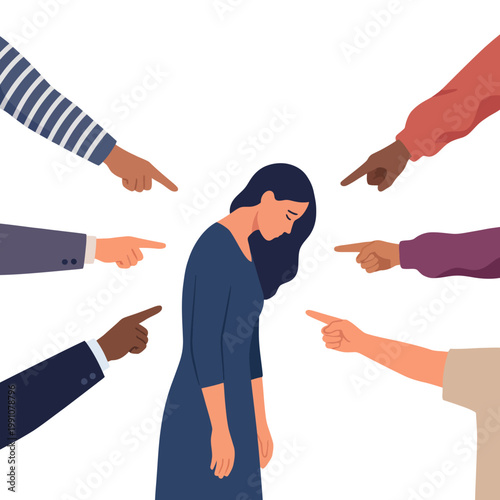A woman is depicted feeling isolated and judged, surrounded by pointing fingers, capturing themes of vulnerability, social pressure, and the emotional impact of criticism on individuals.