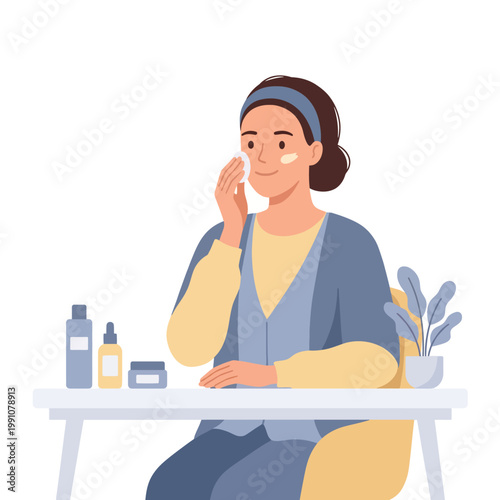 This image represents a serene scene of a woman applying skincare products at her vanity, embodying self-care, beauty, and relaxation in a modern aesthetic environment.