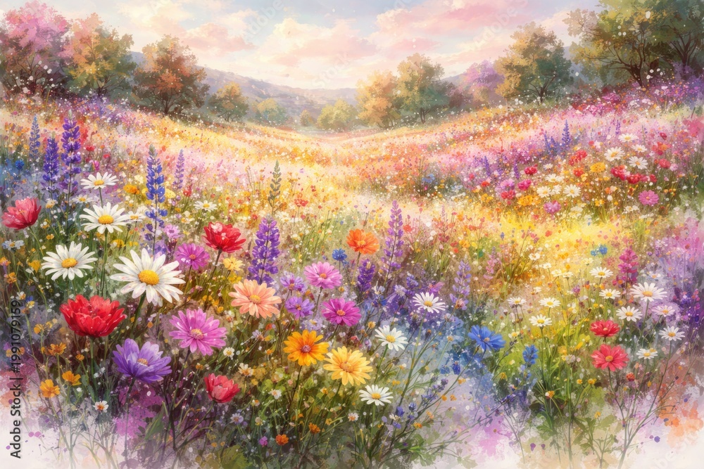 Fototapeta premium Expansive floral meadow scene decorated with colorful paint effects ideal for card background