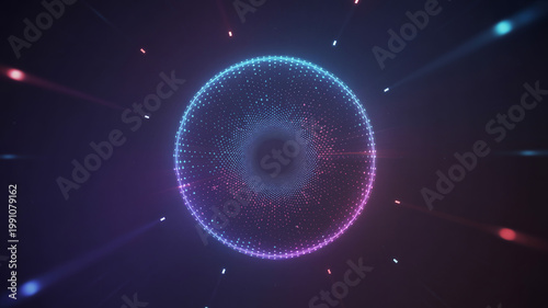 Futuristic circular data interface with glowing magenta and cyan light particles.