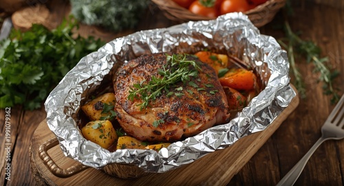 Fresh herbs decorate alumin...