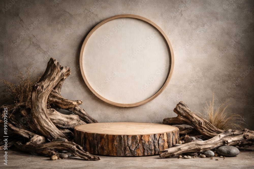 Fototapeta premium Natural wood podium featuring decorative driftwood and empty circular frame on textured gray beige background ideal for artistic displays