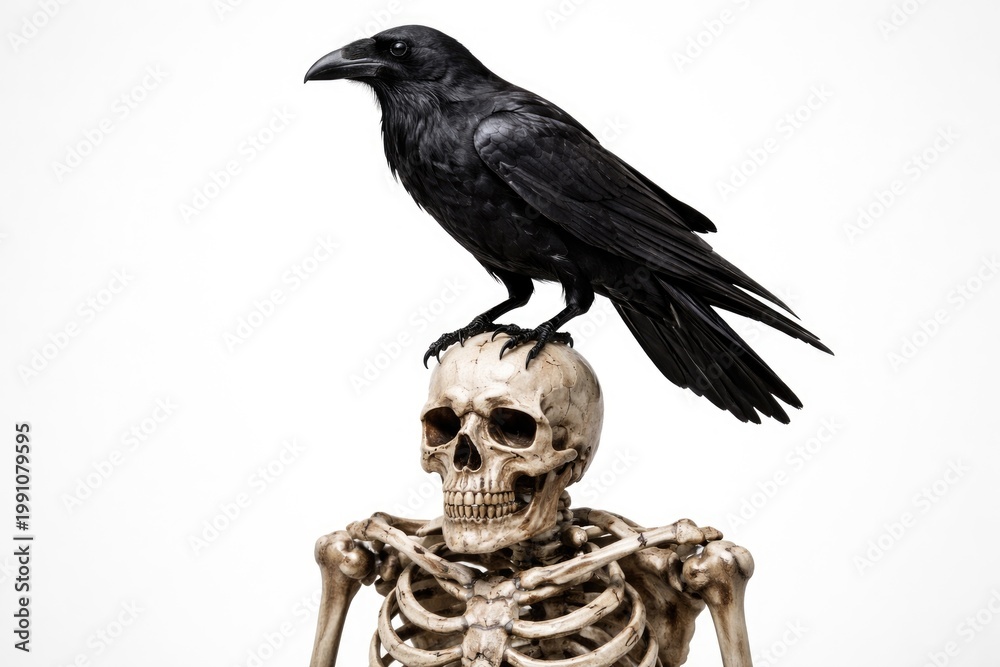 Naklejka premium Dark raven perched on a detailed skeleton against a plain white backdrop
