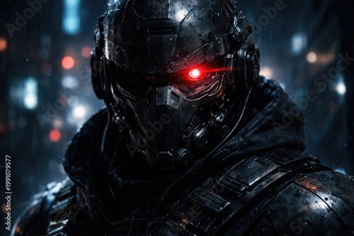 Futuristic soldier face with a glowing red eye mask in a dark cyberpunk setting