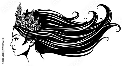 Black and white illustration of a woman with a crown and long flowing hair.
