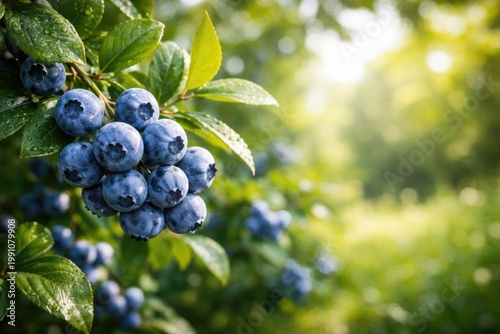 Ripe blueberries growing on a garden bush with copy space for text