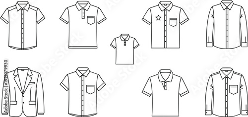 Men Clothing Icons Set with Shirts, Polo T Shirts, Formal Wear, and Blazer for Fashion, Apparel, and Clothing Design Concepts