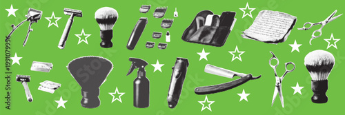 halftone pop art barber equipment set with razor scissors brush clipper and grooming tools collection