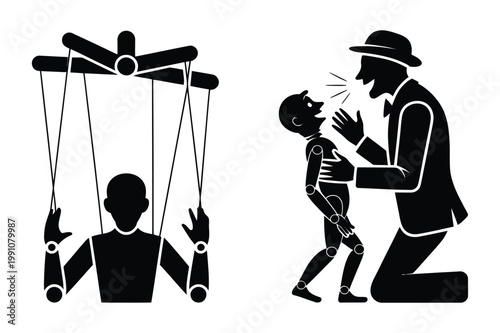 Puppet master controlling marionette and businessman influencing child