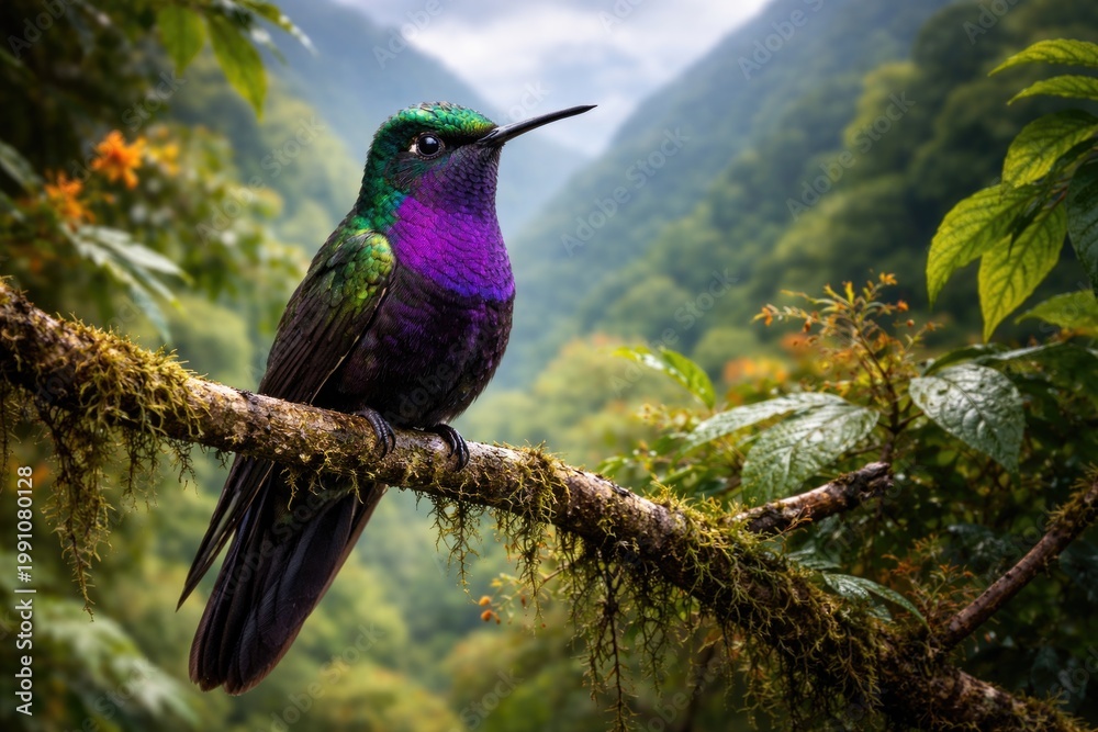 Naklejka premium Vibrant Mountain Velvetbreast Hummingbird perched on a branch with lush foliage