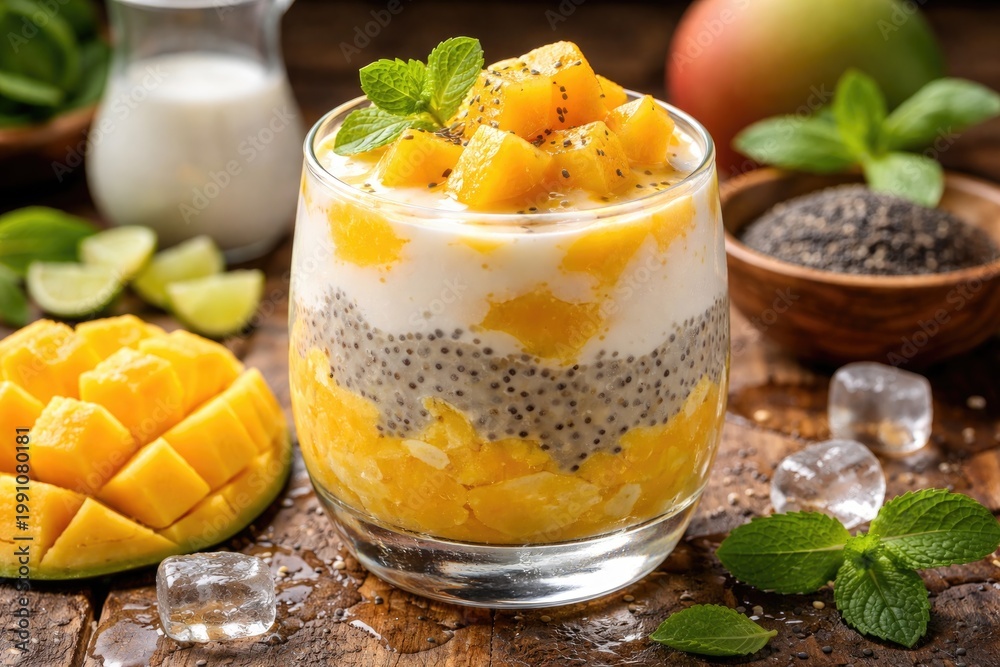 Obraz premium Sweet mango treat combining basil seed jelly and creamy milk