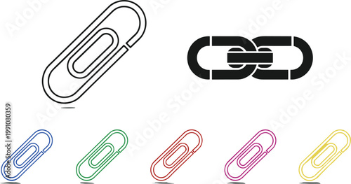 Paper Clip Icons Set with Office Binder Clips in Outline and Colored Styles for Stationery, Document Organization, and Office Supply Concepts
